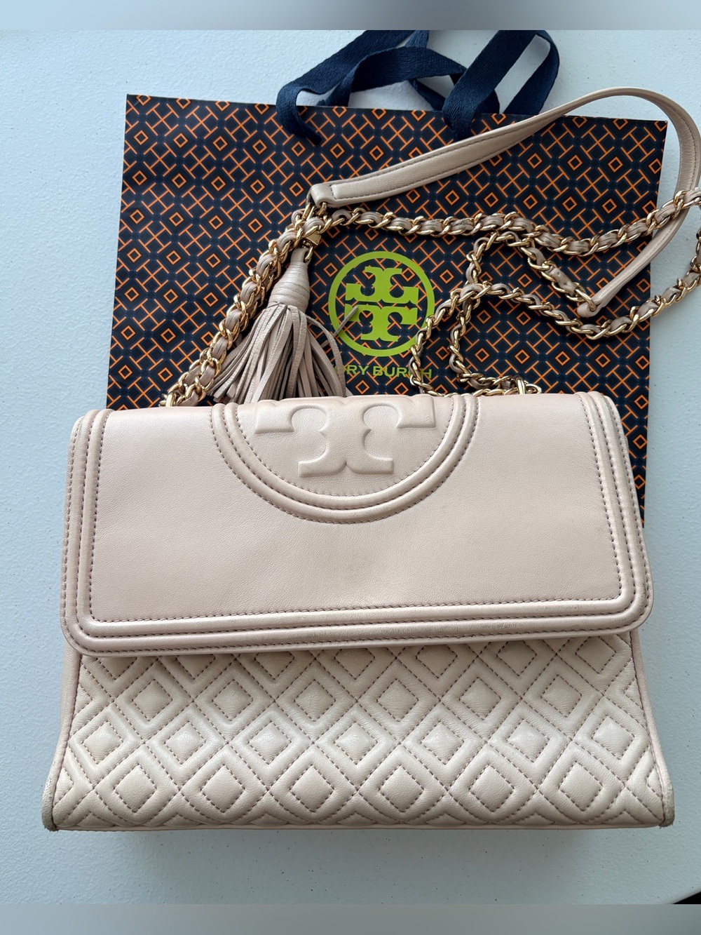 Tory Burch Pale Soft Pink Fleming Quilted Leather Shoulder Crossbody Bag medium